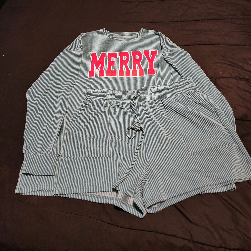 New Merry Corded Striped Womens Christmas Pajamas - Green and White